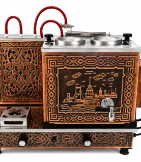 2 Demlikli Antik Bakır Çay Kazanı (Kız Kulesi Desenli)