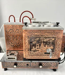 2 Demlikli Antik Bakır Çay Kazanı (Kız Kulesi Desenli)