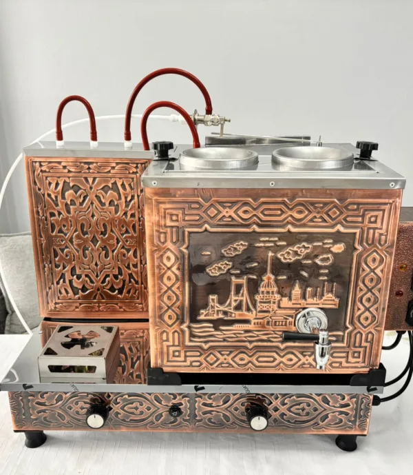 2 Demlikli Antik Bakır Çay Kazanı (Kız Kulesi Desenli) 2 Demlikli Antik Bakır Çay Kazanı (Kız Kulesi Desenli)