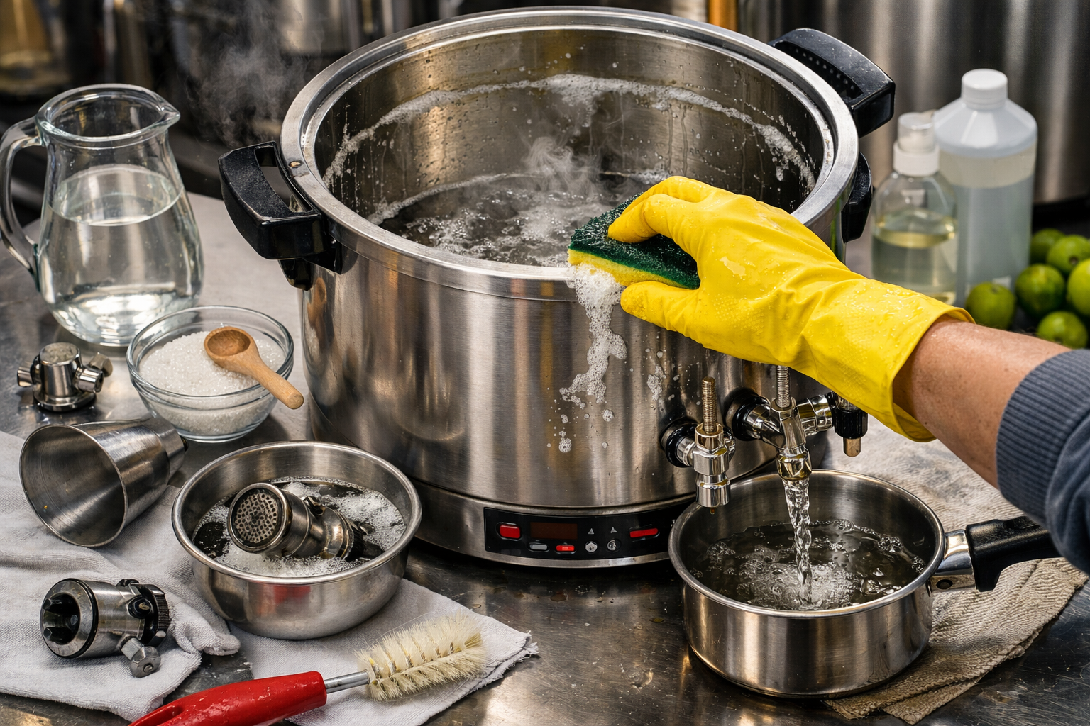 Paslanmaz çelikten yapılmış büyük bir çay kazanının iç kısmının sarı eldivenli bir el ve sünger yardımıyla temizlendiği bir an. Tezgahın üzerinde sökülmüş musluk parçaları, temizleme fırçası, sabunlu su dolu kaseler ve kireç çözücü olduğu tahmin edilen malzemeler düzenli bir şekilde yer alıyor.