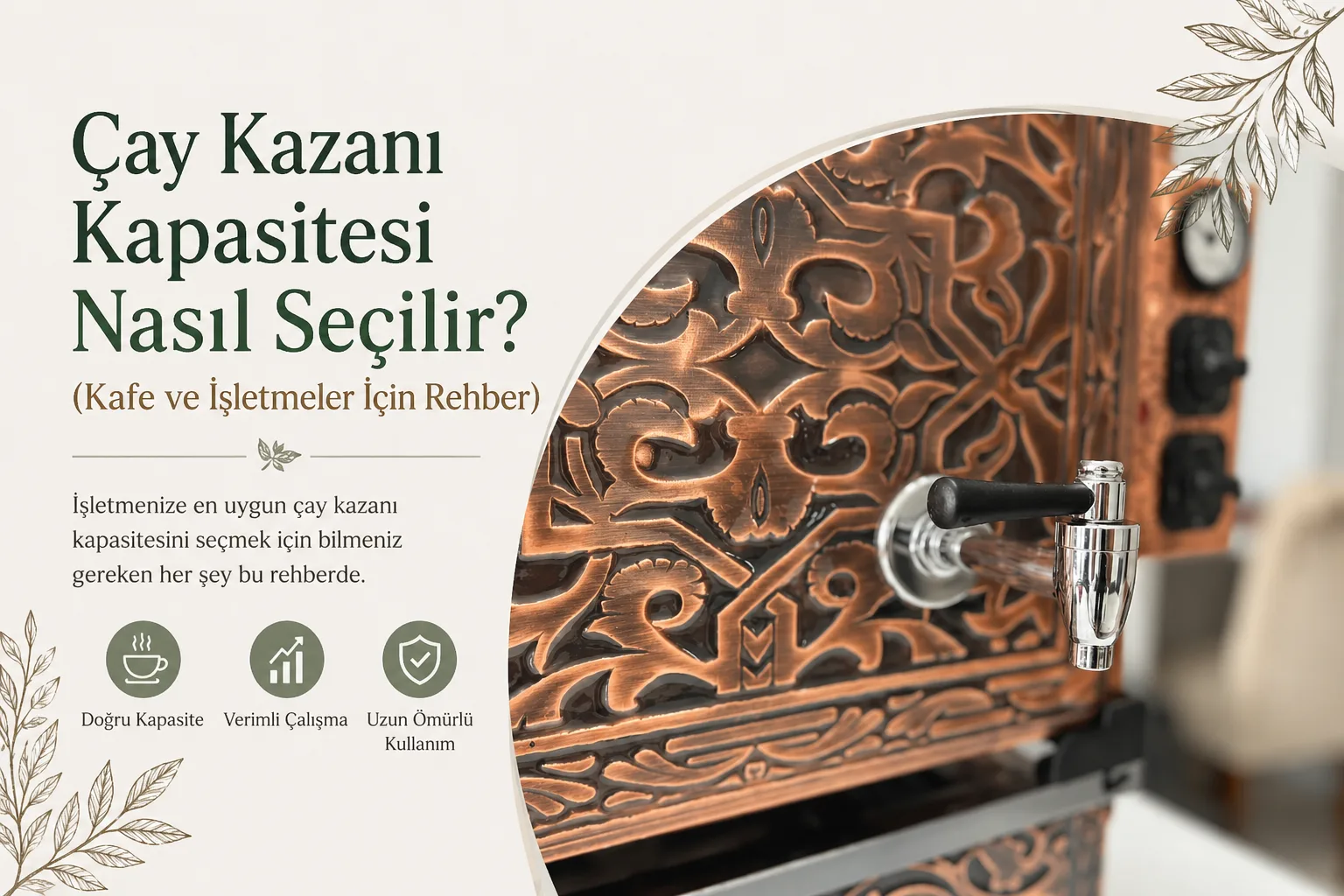 Kafe ve işletmeler için doğru Çay Kazanı kapasitesi seçimini anlatan, bakır işlemeli çay kazanı görseli ve bilgilendirici rehber tasarımı