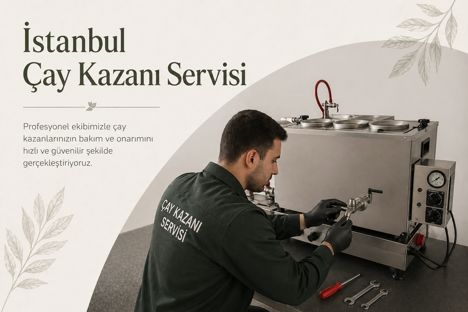 İstanbul Boğazı manzarasına karşı, üzerinde "Keskin Çay Kazanı Servisi" yazılı iş üniforması giyen bir teknik servis personeli, profesyonel aletlerle bir çay kazanının bakım ve onarımını gerçekleştiriyor.
