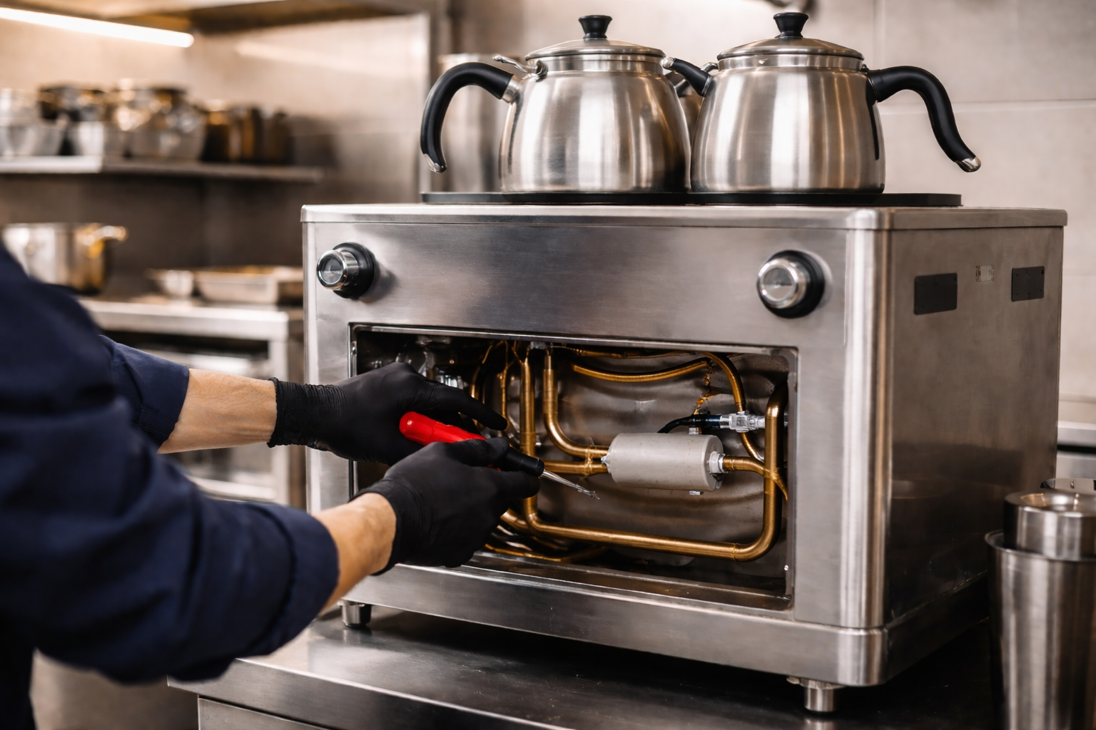 Çay Kazanı Bakımı Sakarya kapsamında teknik servis tarafından endüstriyel çay kazanının iç aksamının kontrol edilmesi