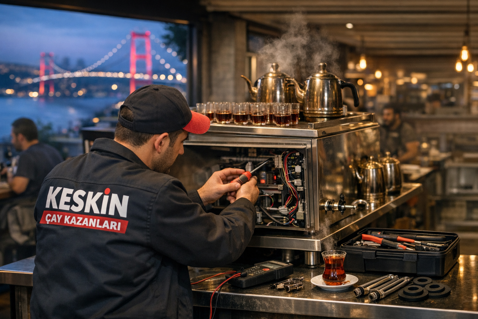 İstanbul Boğazı manzarasına karşı, üzerinde "Keskin Çay Kazanı Servisi" yazılı iş üniforması giyen bir teknik servis personeli, profesyonel aletlerle bir çay kazanının bakım ve onarımını gerçekleştiriyor.