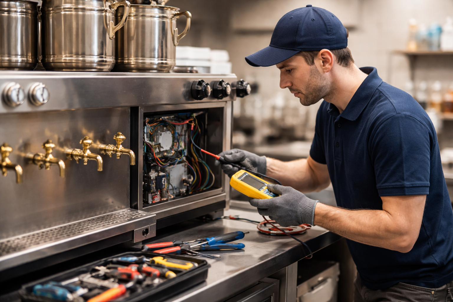 Tekirdağ Çay Kazanı Servisi teknisyenin endüstriyel çay kazanının iç aksamını kontrol ederek arıza tespiti yaptığı servis çalışması