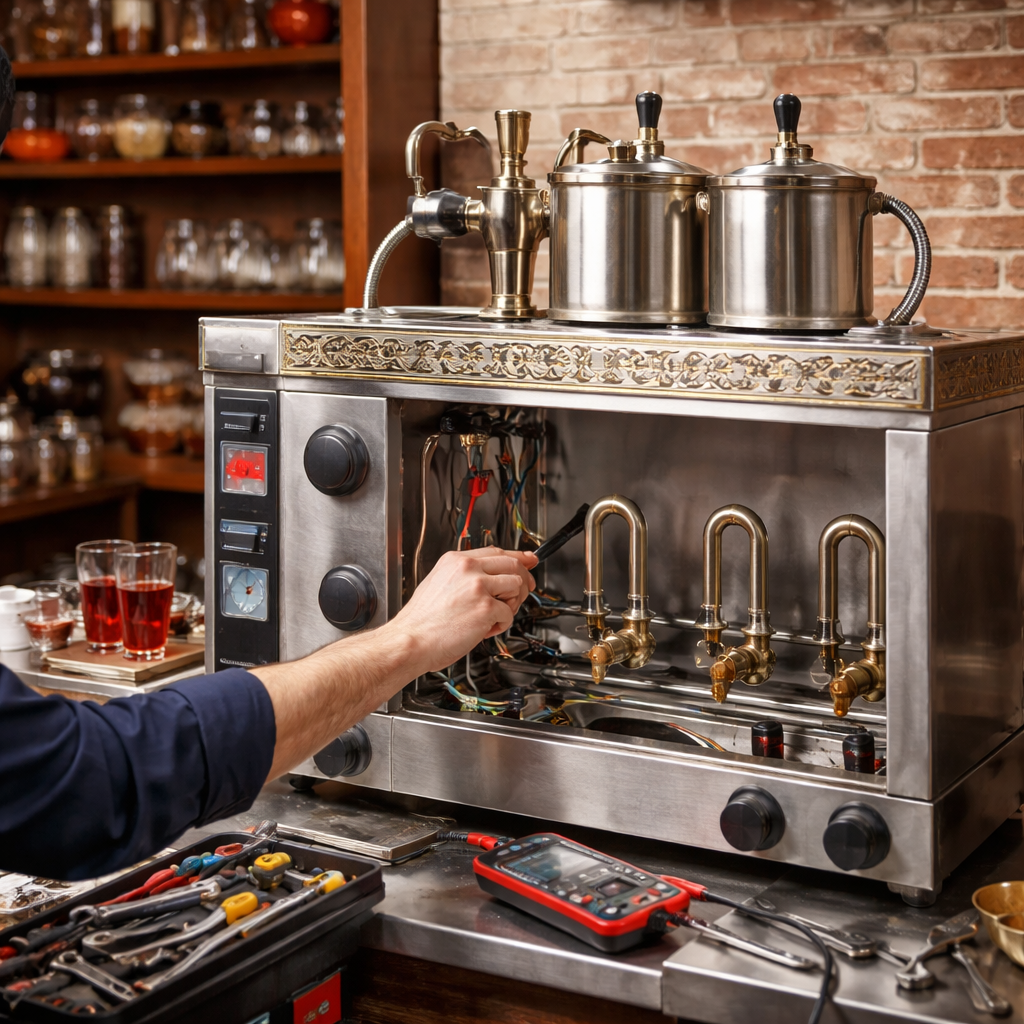 Tekirdağ çay kazanı servisi yapan teknik ekibin endüstriyel çay kazanı üzerinde bakım ve tamir işlemi gerçekleştirmesi