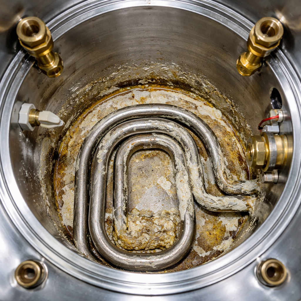 İstanbul Çay Kazanı Servisi kapsamında bakım yapılmamış, iç kısmında yoğun kireç birikmiş çay kazanı görüntüsü.