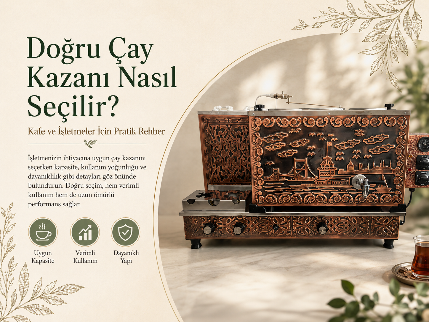 Avcılar Çay Kazanı Servisi için hazırlanmış, bakır işlemeli çay kazanı görseli ve doğru çay kazanı seçimi rehberi.