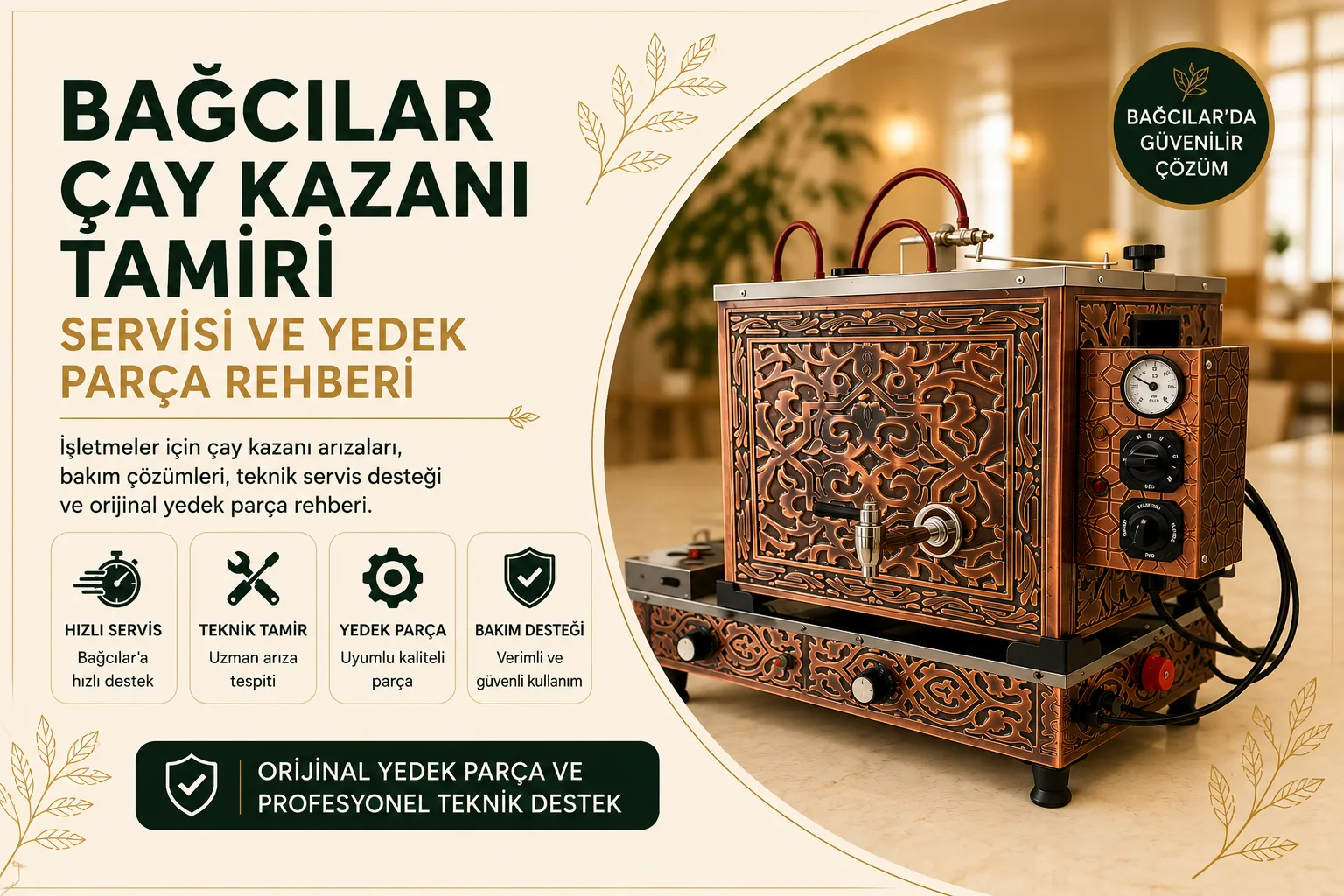 Bağcılar Çay Kazanı Tamiri hizmetini anlatan, çay kazanı teknik servis, bakım ve yedek parça desteği temalı blog görseli.
