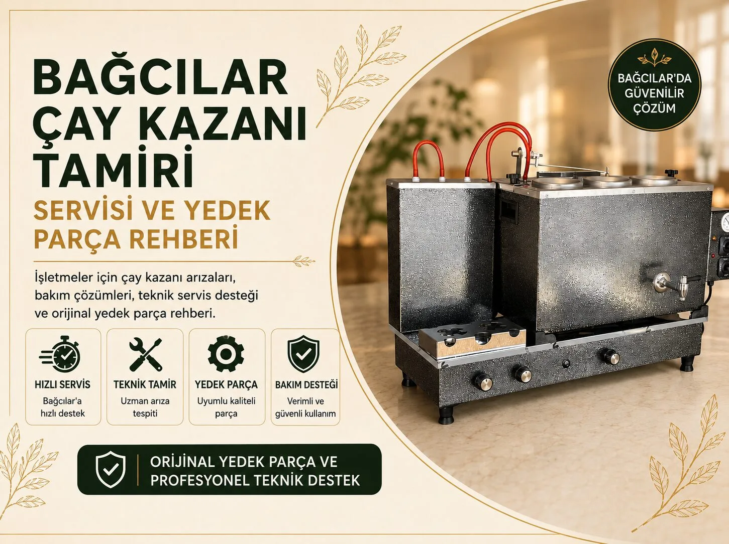 Bağcılar Çay Kazanı Tamiri hizmetini anlatan, çay kazanı teknik servis, bakım ve yedek parça desteği temalı blog görseli.