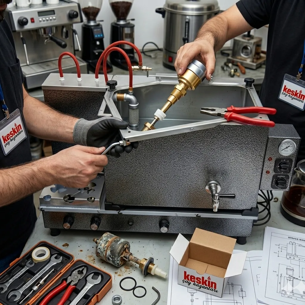 Çay kazanı flatör değişimi yapılan teknik servis işlemi