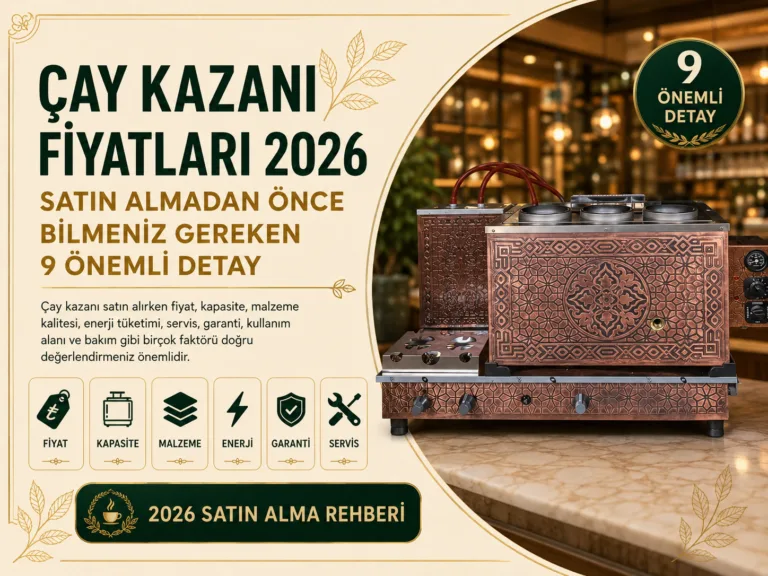 Çay Kazanı Fiyatları 2026 başlıklı, bakır çay kazanı ve satın almadan önce bilinmesi gereken 9 önemli detayı anlatan blog görseli.