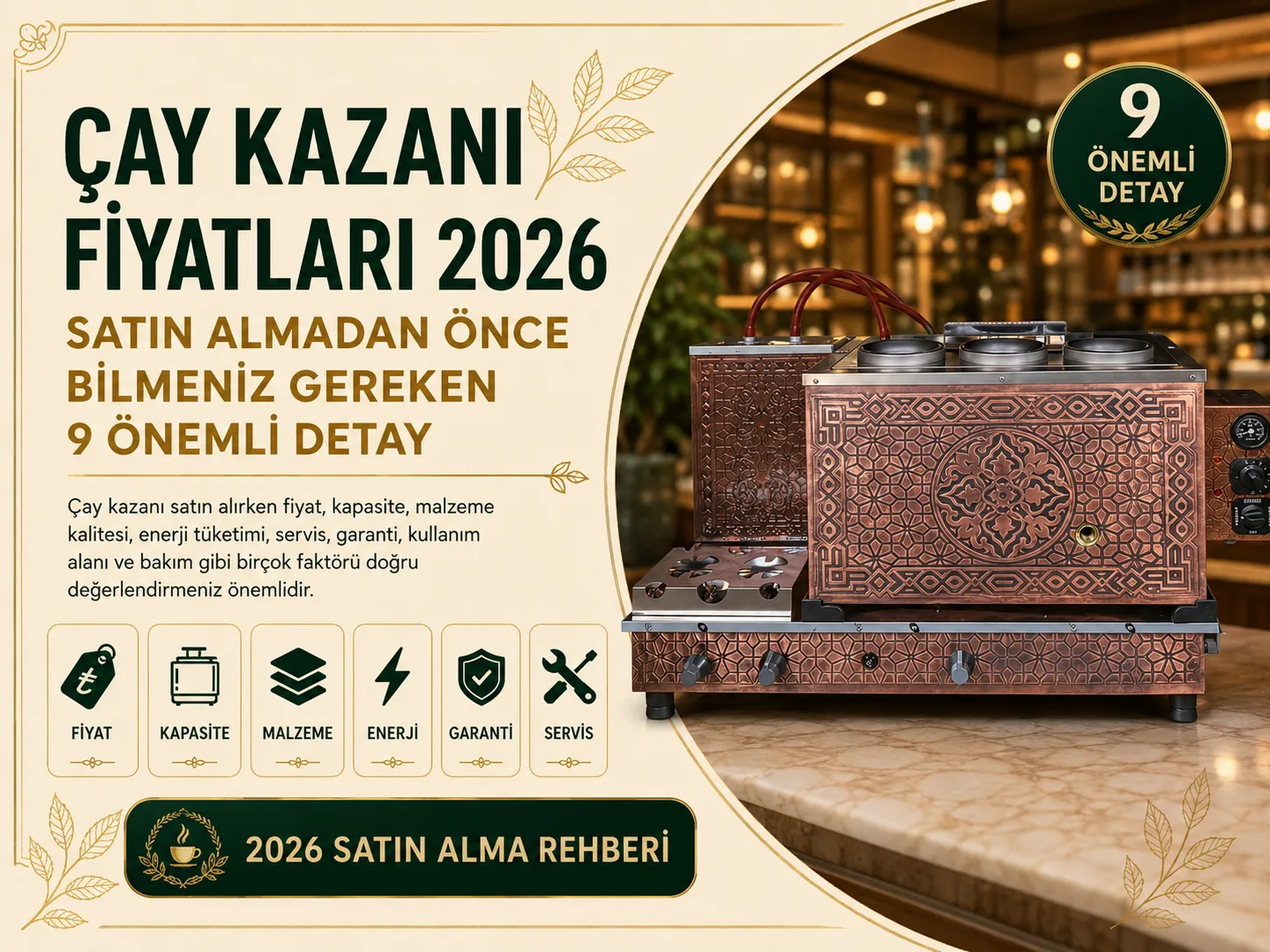 Çay Kazanı Fiyatları 2026 başlıklı, bakır çay kazanı ve satın almadan önce bilinmesi gereken 9 önemli detayı anlatan blog görseli.